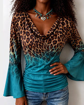Cowl Neck Leopard Gradient Tie‑Dye Long Bell Sleeve Top
