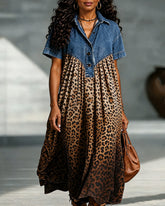 Women’s Denim Spliced Gradient Leopard Print Shirt Midi Dress
