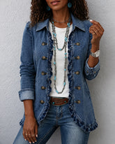 Vintage Lapel Lace Button‑Front Denim Jacket