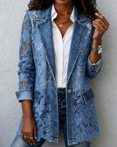 Stylish Casual Denim Jacket With Paneled 3d Lace Details
