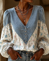 Boho-Chic Floral Paneling Denim Blouse