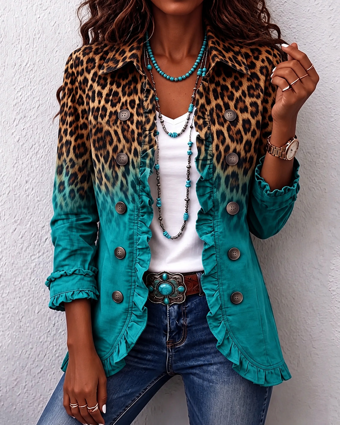 Boho Leopard & Teal Ruffle Blazer Jacket