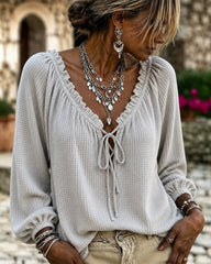 V-neck Drawstring Tie Lace Waffle Knit Long-sleeved Top
