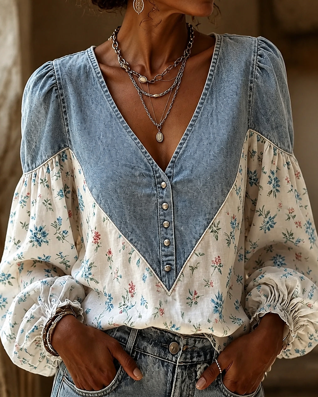 Boho-Chic Floral Paneling Denim Blouse