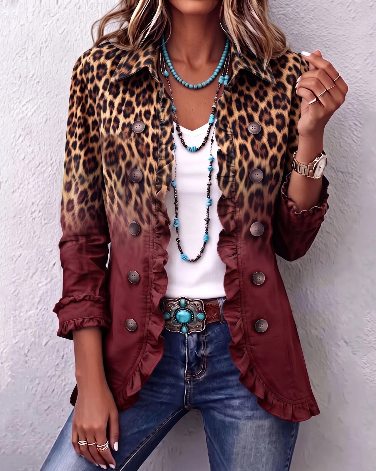 Boho Leopard & Teal Ruffle Blazer Jacket