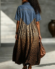 Women’s Denim Spliced Gradient Leopard Print Shirt Midi Dress