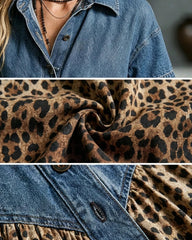 Women’s Denim Spliced Gradient Leopard Print Shirt Midi Dress