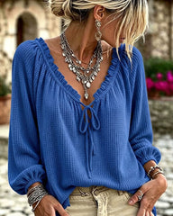 V-neck Drawstring Tie Lace Waffle Knit Long-sleeved Top